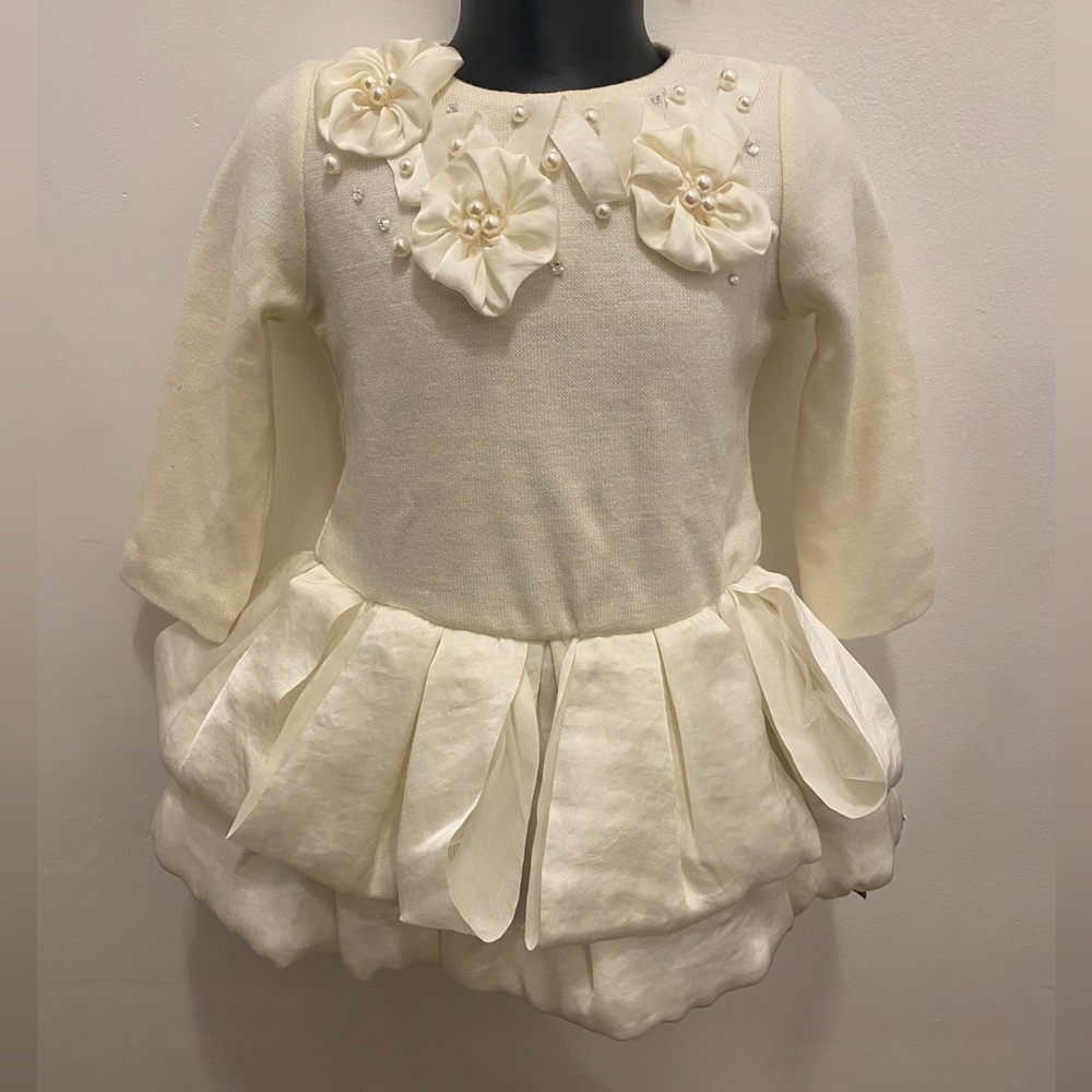 NWT Biscotti + Kate Mack - Ivory Long Sleeve Dress w/3D Flowers & Pearls 12-18M